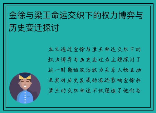 金徐与梁王命运交织下的权力博弈与历史变迁探讨
